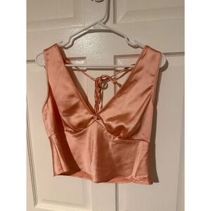 Wild Fable Womens Peach Satin Cropped Tank Top Lace Trim Sleeveless Blouse M